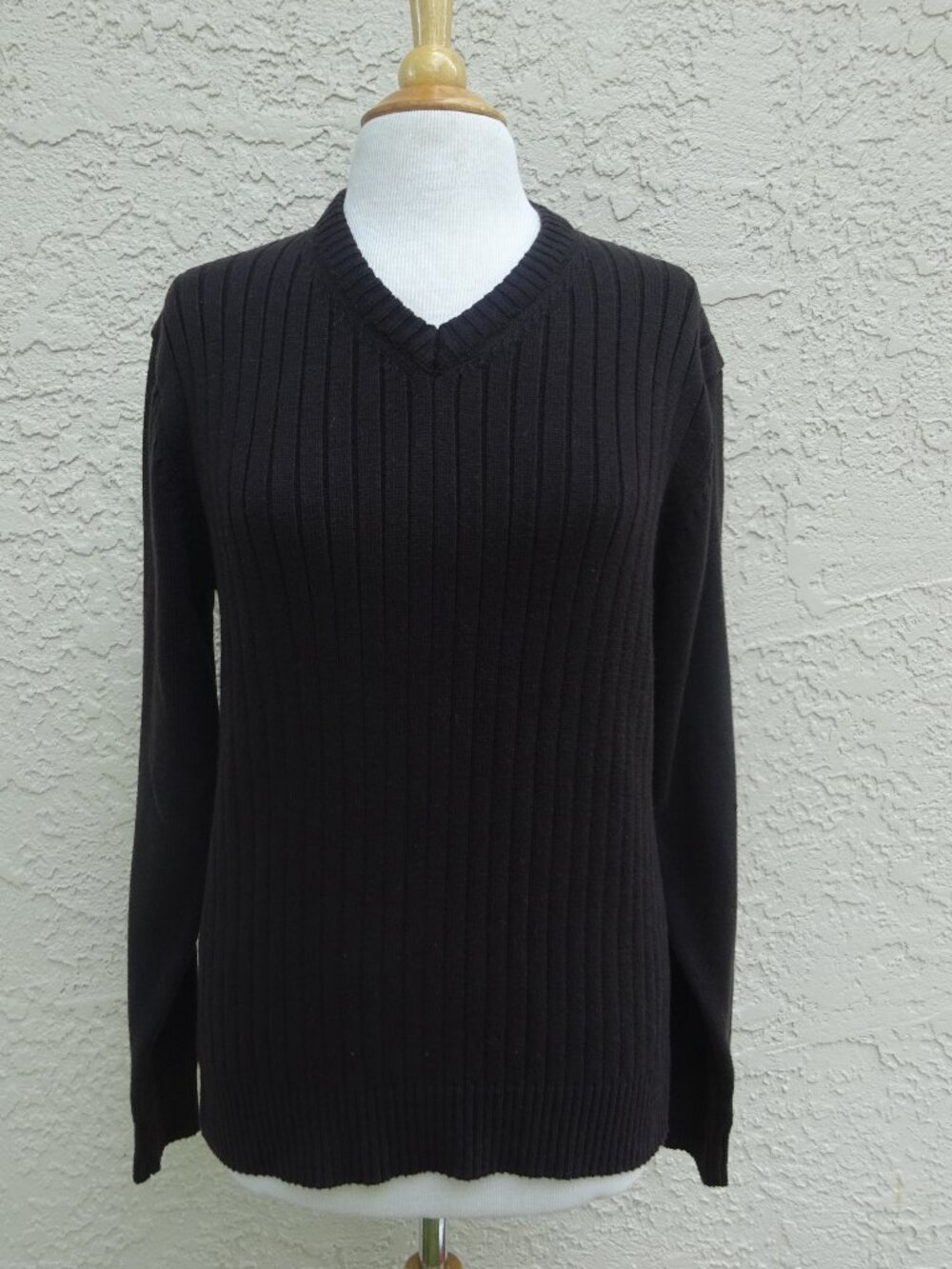 Michael Brandon Women's Dark Brown Ribbed V-Neck Sweater Size L Cotton Blend
